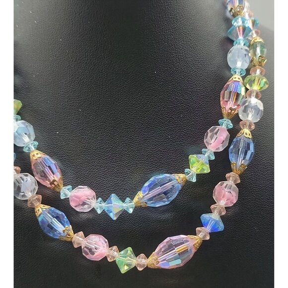 Pastel Translucent Beaded Necklace 16" Multishape Glass Beads Gold Tone Spacers - Picture 5 of 16